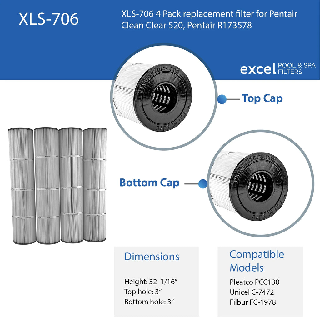 XLS-706 Replaces Filbur for C-7472, Filter Pentair 520, Pleatco Also PCC130 Pack R173578. Clean Unicel Pentair Clear Replacement FC-1978, 4