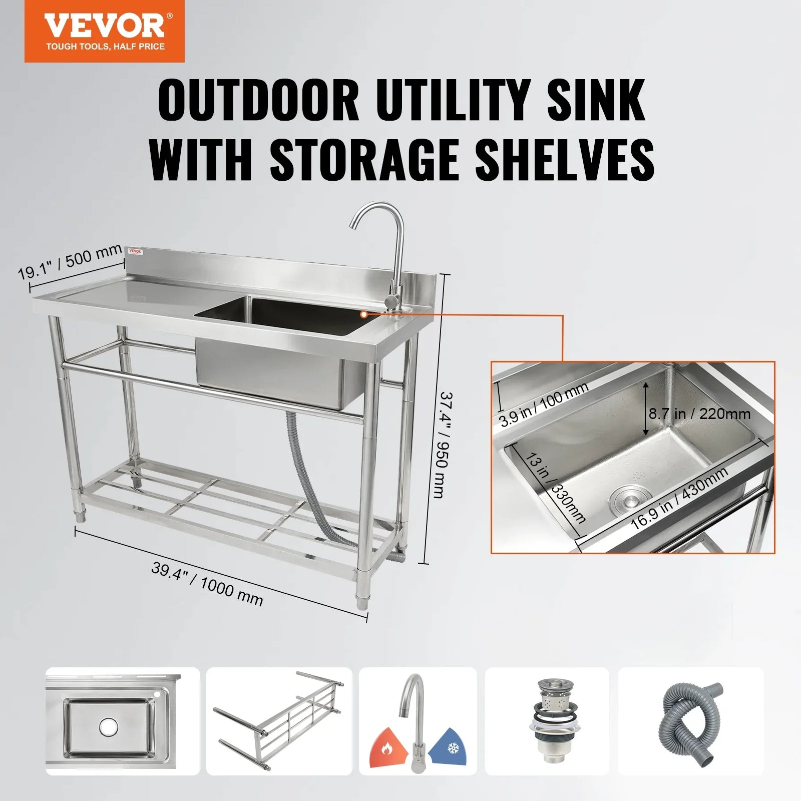 39.4 x 37.4 x & BENTISM Prep Sink Utility Bowl Commercial w/Workbench in Single 19.1