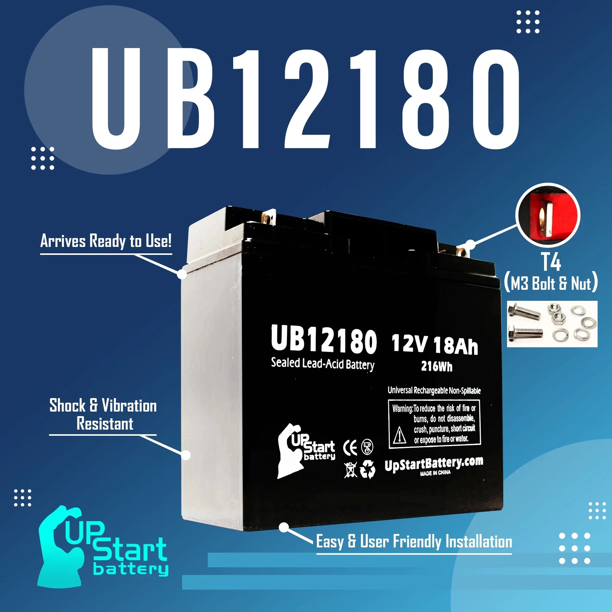 BATTERY AMERICA Acid Replacement Battery AGM, Universal - - Sealed Battery T4 SLA) (12V, Pack GP12170B1 Compatible Lead OF CSB UB12180 18000mAh, 18Ah, 3x Terminal,