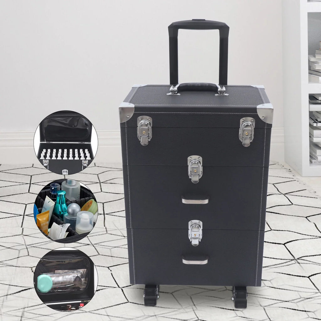Rolling Cosmetics Box Box Train Cosmetic Bag Case Cases Rolling Rolling Wheels Trolley Lock Women's Black Storage Train Case Black Organizer Makeup Organizer Makeup PU Cosmetics Trolley Black Trolley