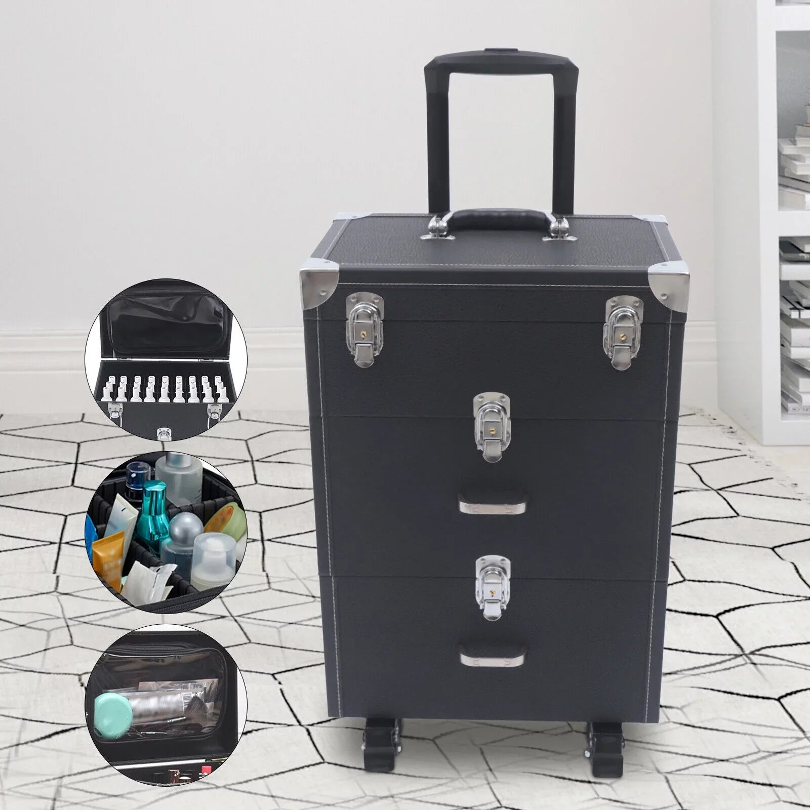 Rolling Cosmetics Box Box Train Cosmetic Bag Case Cases Rolling Rolling Wheels Trolley Lock Women's Black Storage Train Case Black Organizer Makeup Organizer Makeup PU Cosmetics Trolley Black Trolley