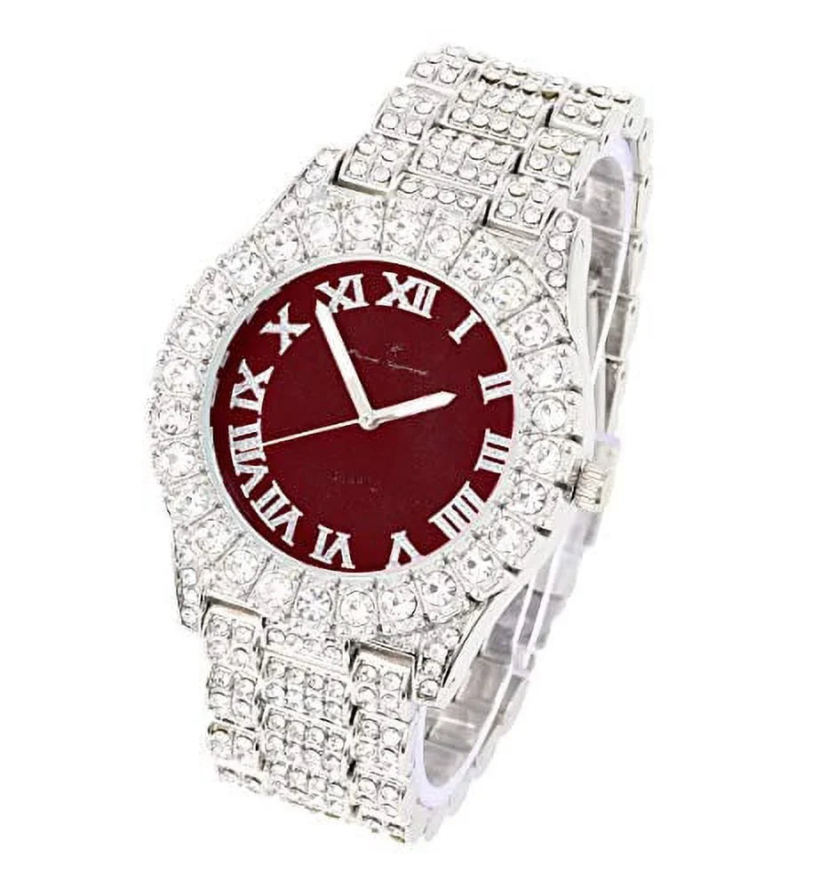 (Silver Colored Rocks Out Watch - Roman Dial Numerals Burgundy) with Women's ST10327LA - Bezel Fully Iced Big