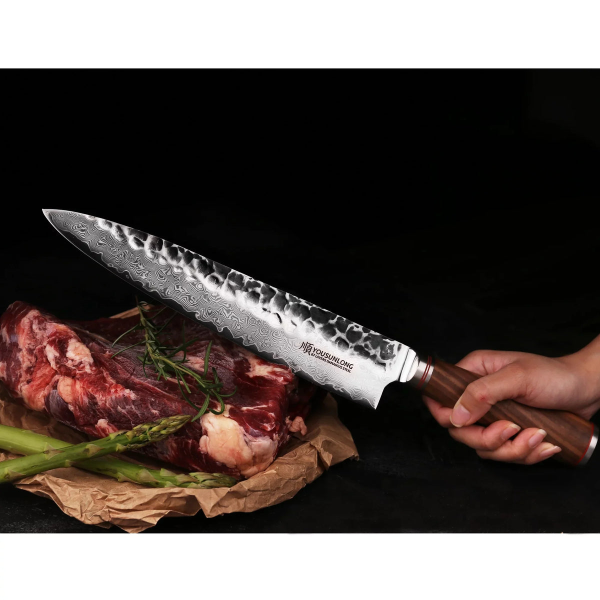 Sheath Chef Hammered Steel Pro Damascus Walnut 12 with Leather YOUSUNLONG - Handle Natural Wooden Gyuto Japanese inch Knife