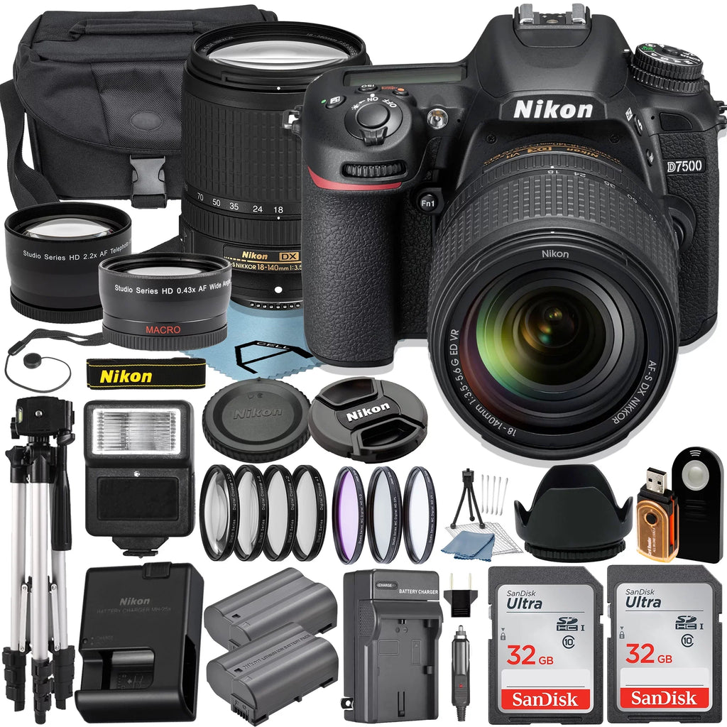 Lens 18-140mm Case + + Accessory D7500 Filter + 2pcs A-Cell UV 32GB + Camera SanDisk Bundle DSLR Card Nikon Tripod + Memory with