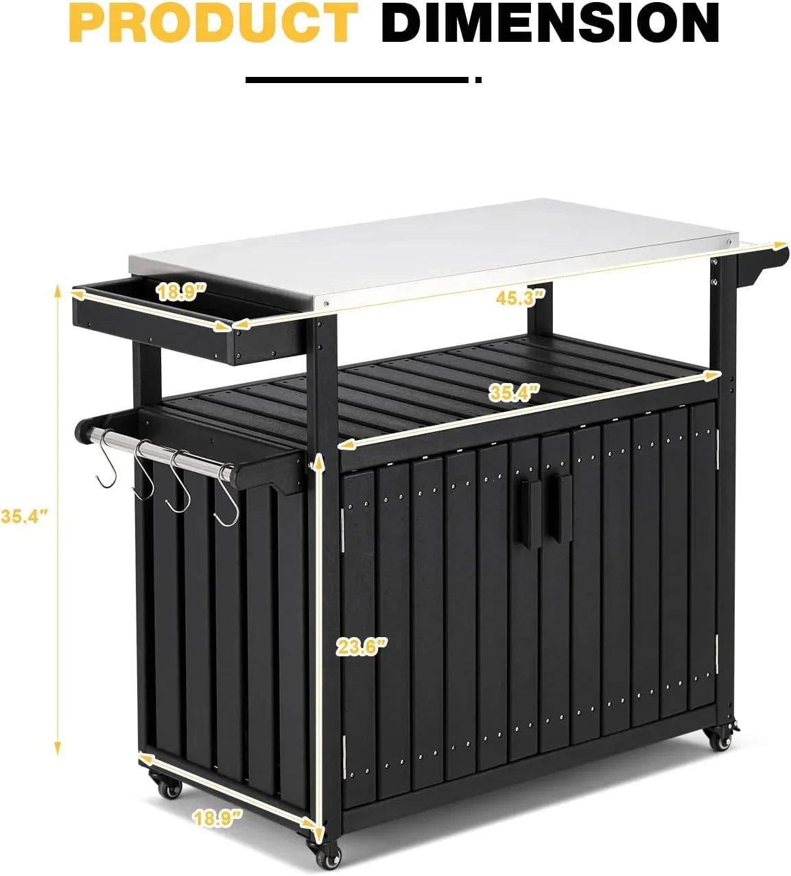 Rack, Top Spice Rolling Kitchen Cabinet, Storage With Island HDPE Black Island Table Towel Stainless Hooks, With Kitchen And Rack, Cart, Steel