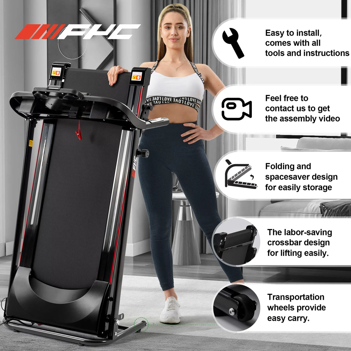 Fitness Compact with Electric Home Exercise Home FYC Walking Machine Treadmills Foldable for Incline, and Gym for Folding Jogging Bluetooth Portable Running Treadmills