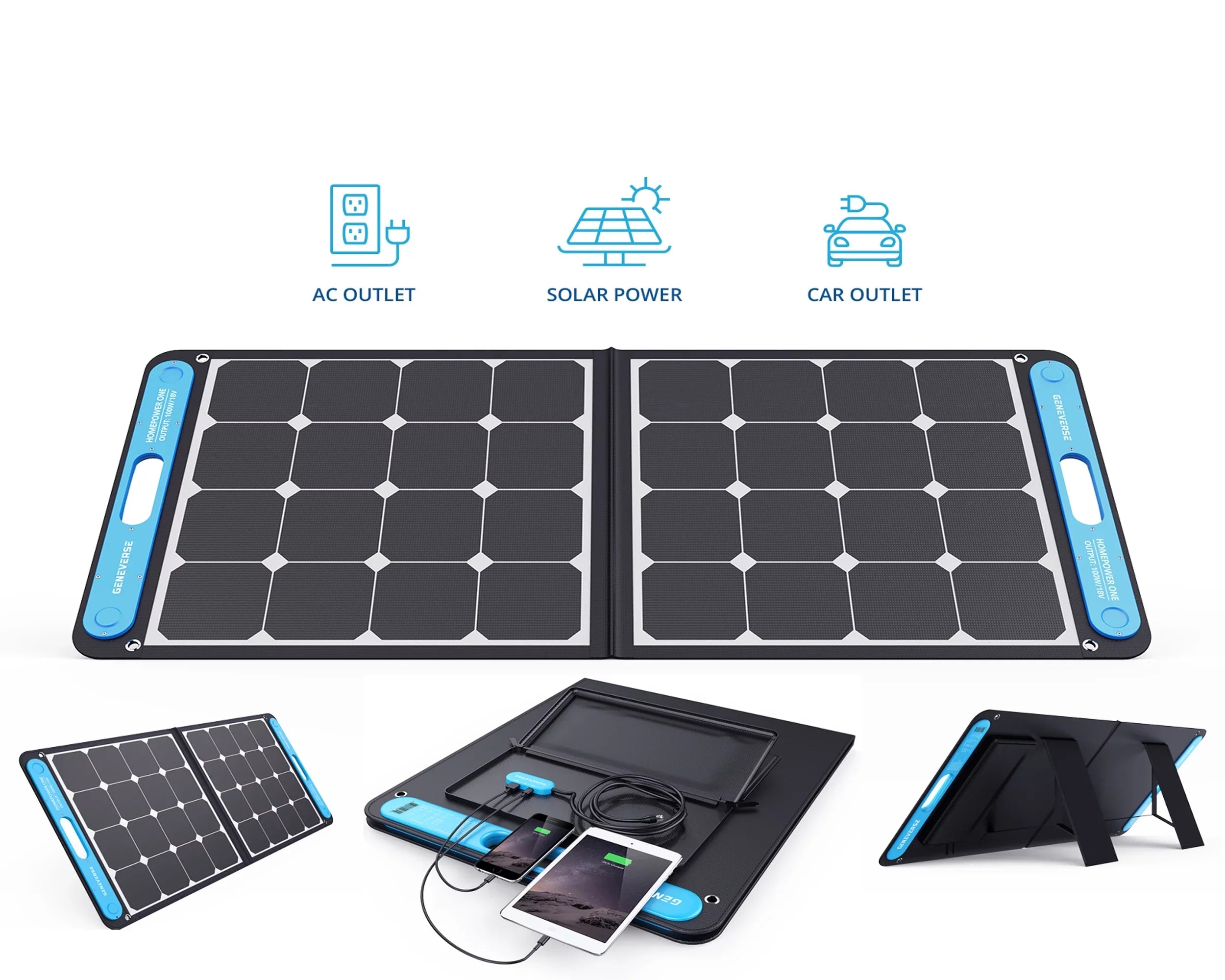 SolarPower Solar 100 Watts ports Portable GENEVERSE and Panel One USB-C built-in Monocrystalline USB-A with