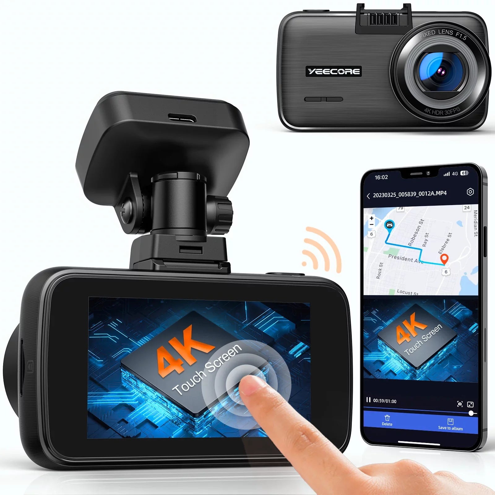 4K Screen YEECORE UHD Dash Super Max Camera WiFi Monitor, 2160P with Support Cars Dash Night Inch, GPS, 2.45 Camera Cam, for Mini Loop HDR, Parking Vision, Touch 256GB G-Sensor, Car Front, Recording,