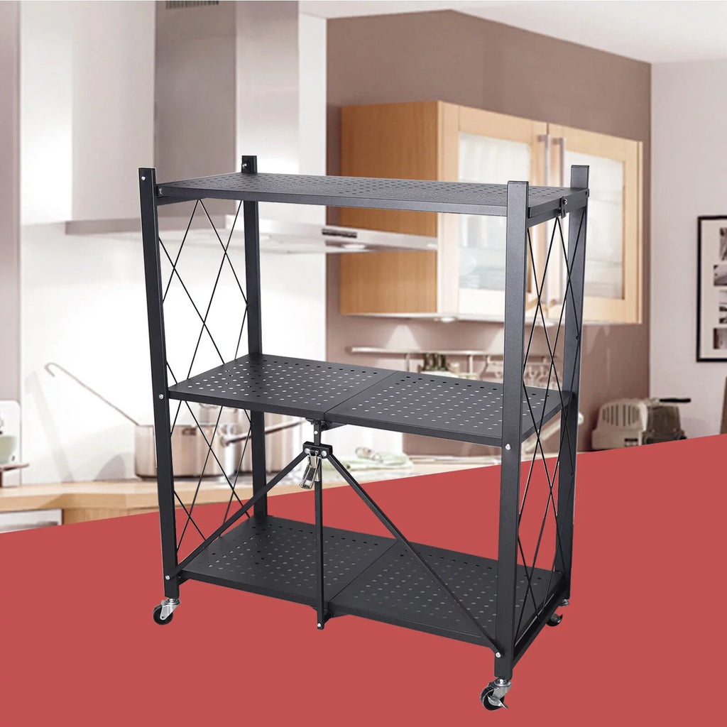 3-Tier Storage with Utility Shelves Metal Rack Kitchen Movable Trolley (Black) Cart Miumaeov Holder Foldable Rolling Wheel