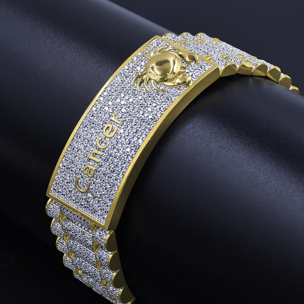 Bracelet Zodiac Gold 14K Sign Finish Simulated Astrology Crab Mens Horoscope Cancer 8.5'' Diamond
