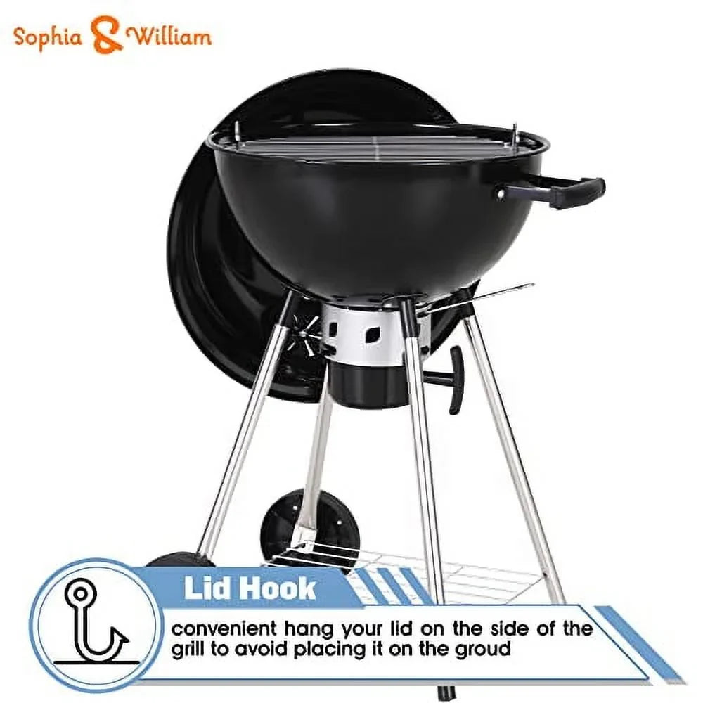 Lid and BBQ 18-inch Camping, Ash Black Catcher for Sophia Porcelain-Enameled Picnic exterior Grate, Kettle Chromeplated Grill Charcoal & Patio William with BBQ Bowl,
