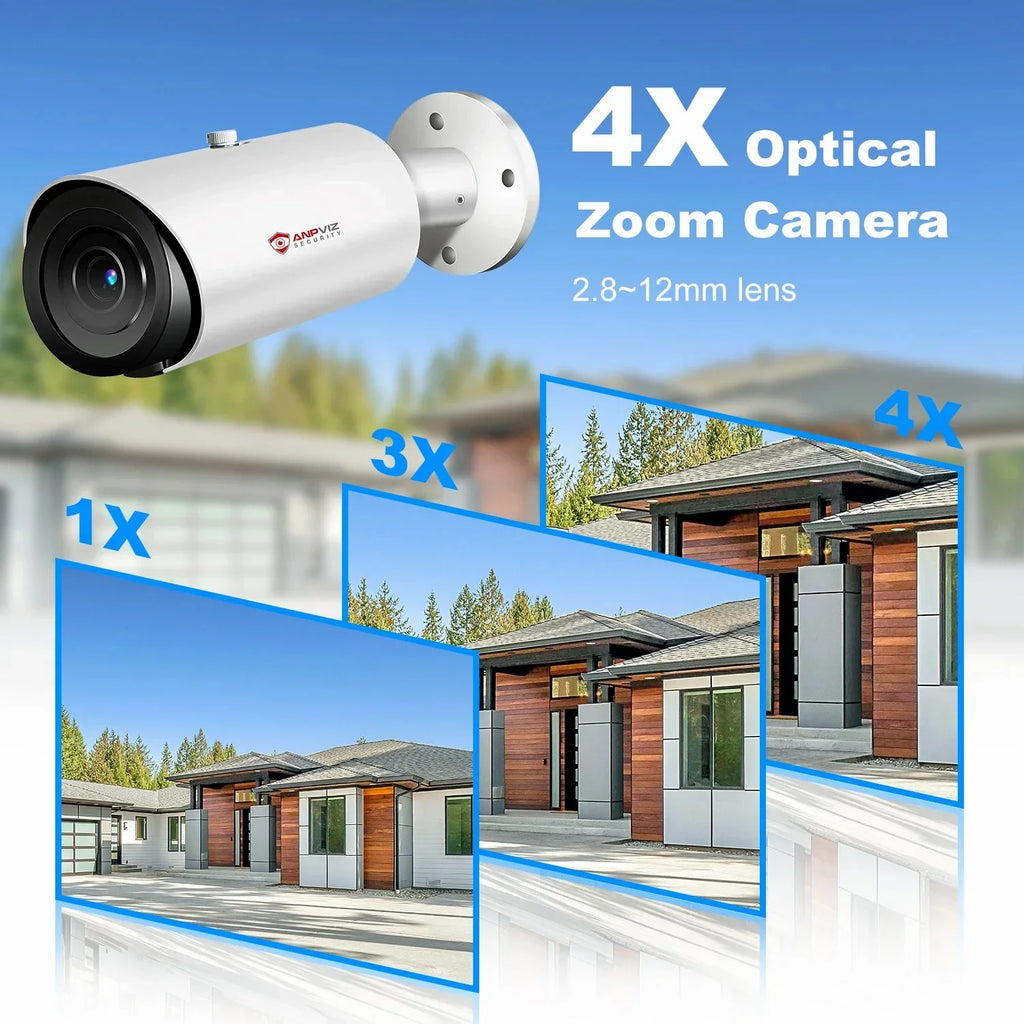 Zoom Human in Vehicle Detection 30M IP66 Camera IR H.265 4X 8MP ANPVIZ Support Distance Camera Built Mic Bullet