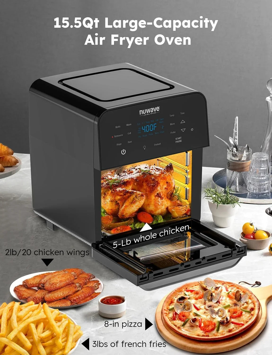 Controls, 15.5Qt 50F-425F HOZO 1800W, Family Rotisserie Thermometer X-Large Temp Integrated Kit, Fryer Smart SS &-Skewer Powerful Oven, dimension, Air Basket Brio