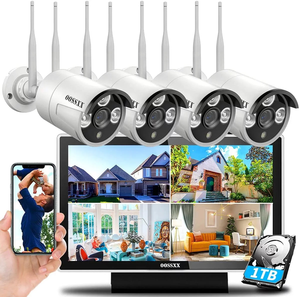 System,Home Camera Waterproof,Remote Expandable·Audio】 All Surveillance HD with Video 10" View One Security WiFi HDD, 【8CH Kits Monitor Wireless Camera Cameras,1TB Screen,4Pcs exterior/Indoor CCTV in
