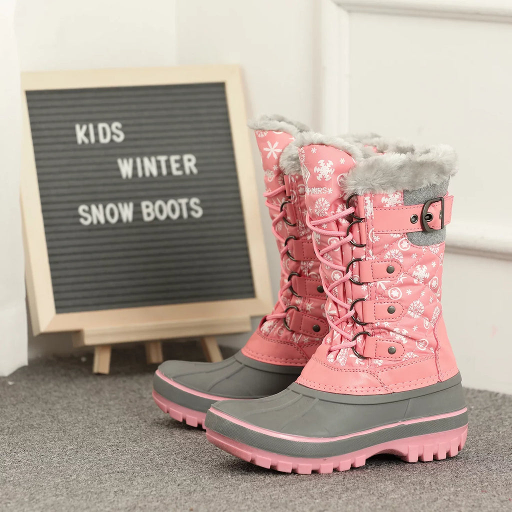 Warm Girls Boys 12 Lace Pairs Ankle Up Shoes Dream Boots dimension Winter Boots Waterproof Snow KRIVER-1 PINK