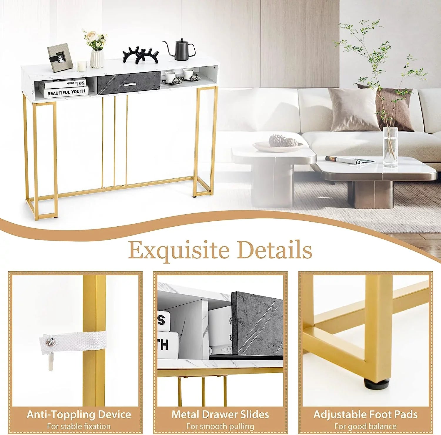Sofa Drawer NLTBONNIE Kitchen with Table Faux &amp; - Adjustable Foyer Table for Hallway Room Pads &amp; Marble Entryway Room Anti-Toppling Console with Living Foot Device Dining Ent