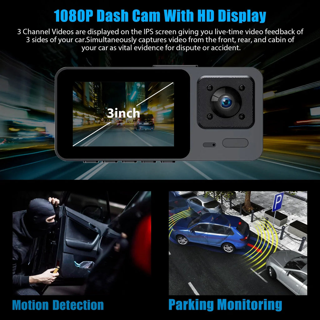 Cam Dual with and Rear, Camera, Vision Dash Backup Night Cam Screen 1080P HD Dash Car TSV 3 Channel Front Camera DVR