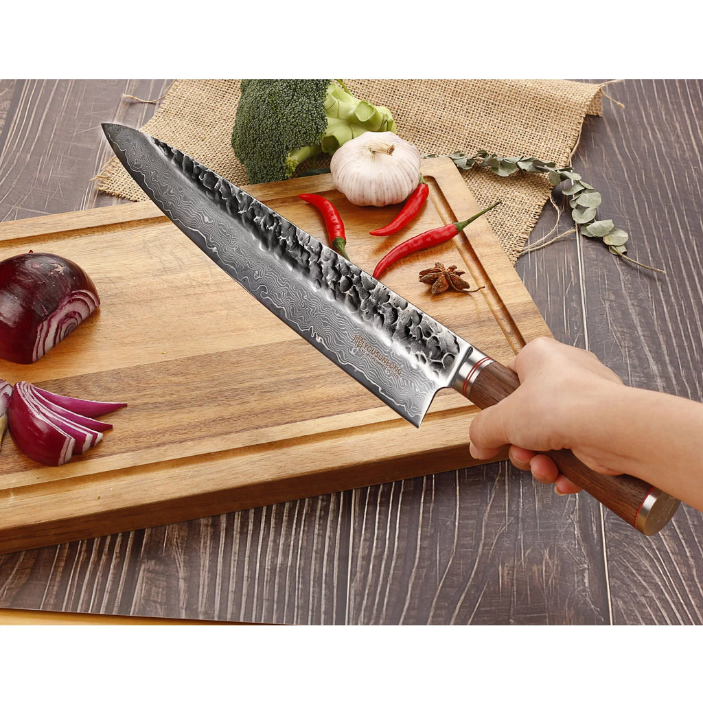 Sheath Chef Hammered Steel Pro Damascus Walnut 12 with Leather YOUSUNLONG - Handle Natural Wooden Gyuto Japanese inch Knife
