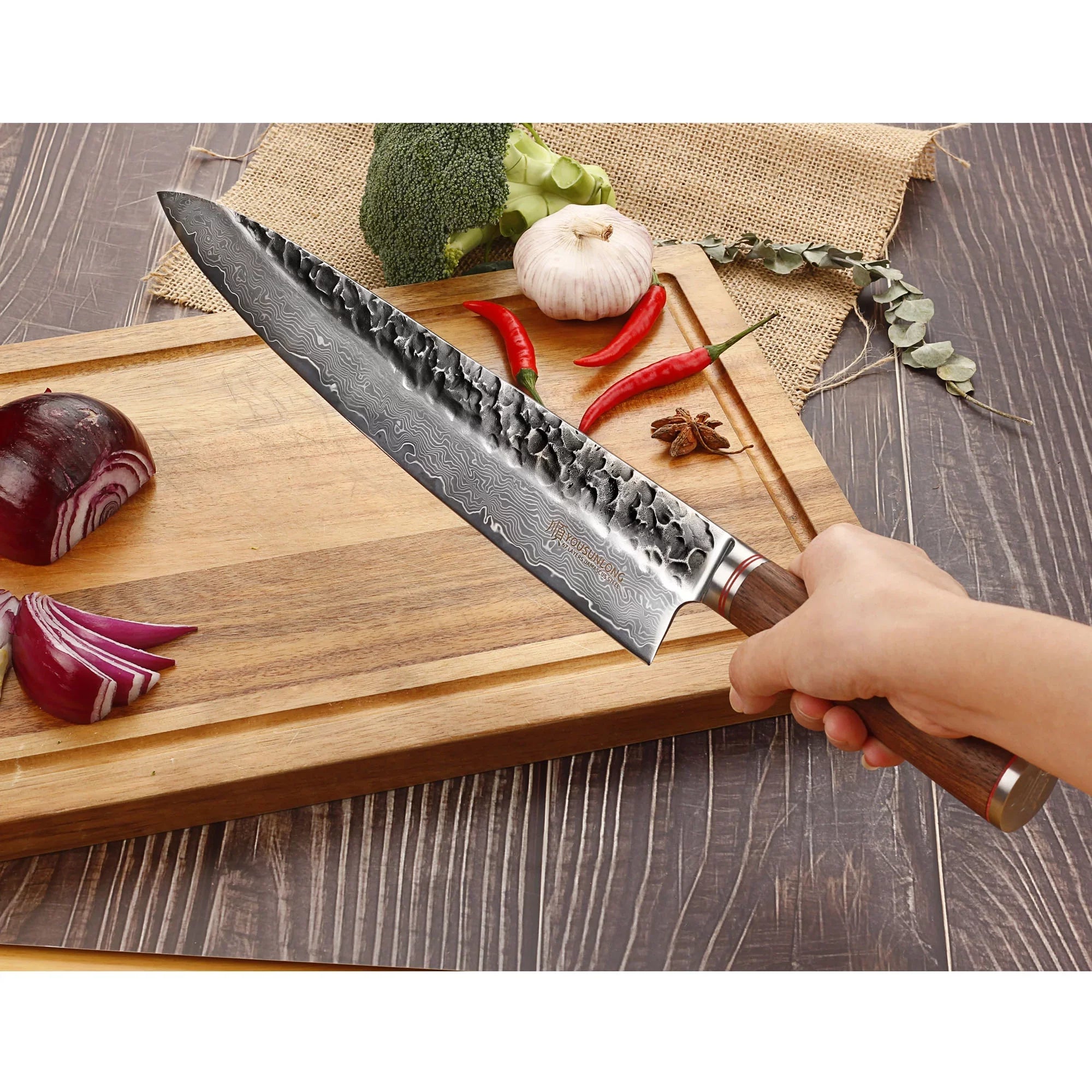 Sheath Chef Hammered Steel Pro Damascus Walnut 12 with Leather YOUSUNLONG - Handle Natural Wooden Gyuto Japanese inch Knife
