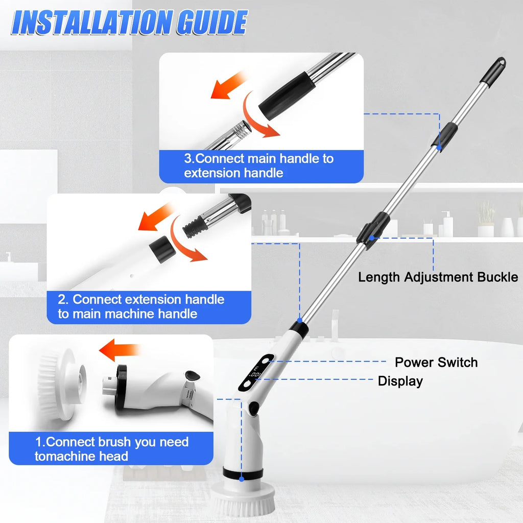 Cleaning Cordless WLRETMCI for Handle Electric with 8 Brush Kitchen Tub Household Cleaning Brushes with Floor Heads,Shower Scrubber Spin Scrubber, Long Brush Car Bathroom Tile