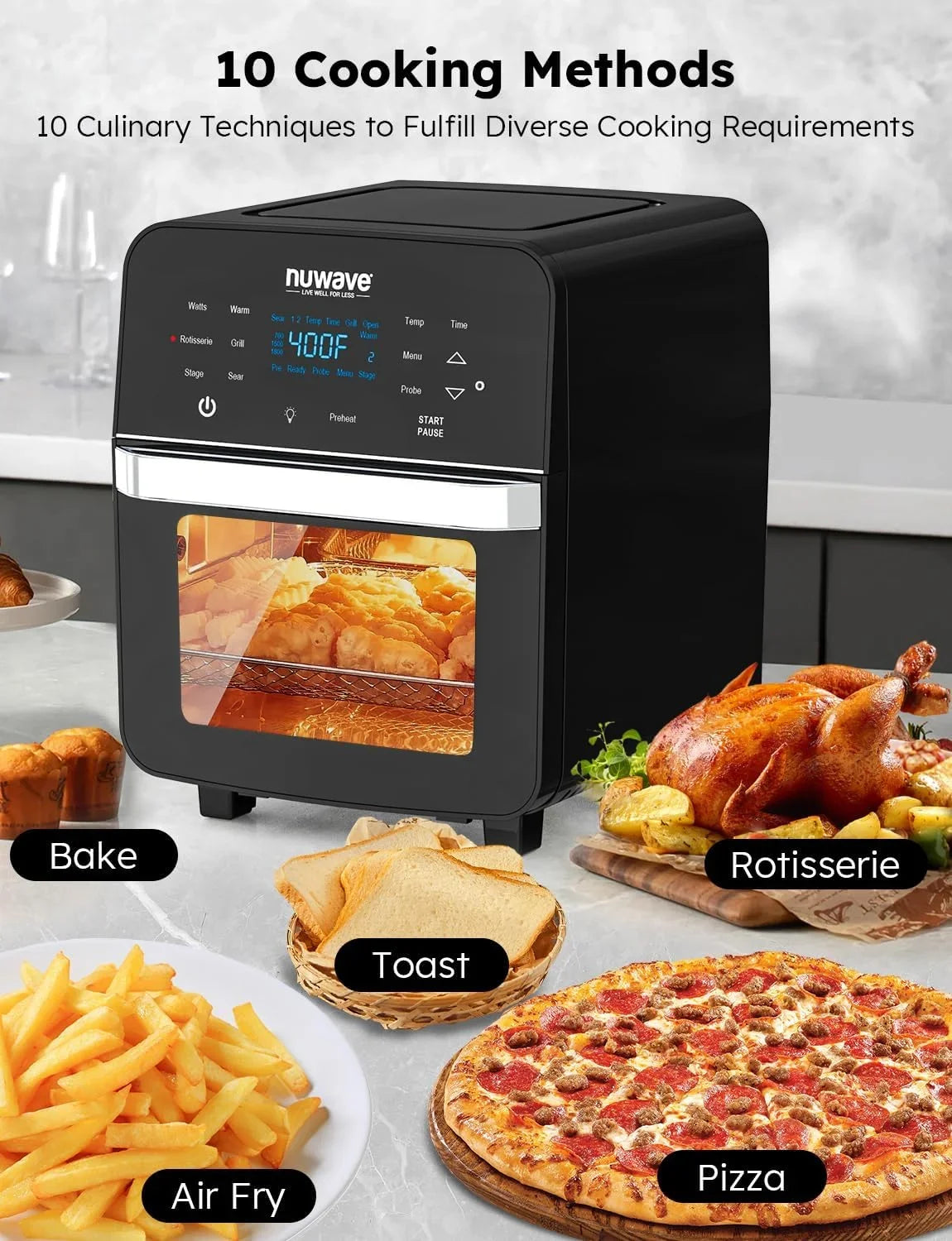 Controls, 15.5Qt 50F-425F HOZO 1800W, Family Rotisserie Thermometer X-Large Temp Integrated Kit, Fryer Smart SS &-Skewer Powerful Oven, dimension, Air Basket Brio