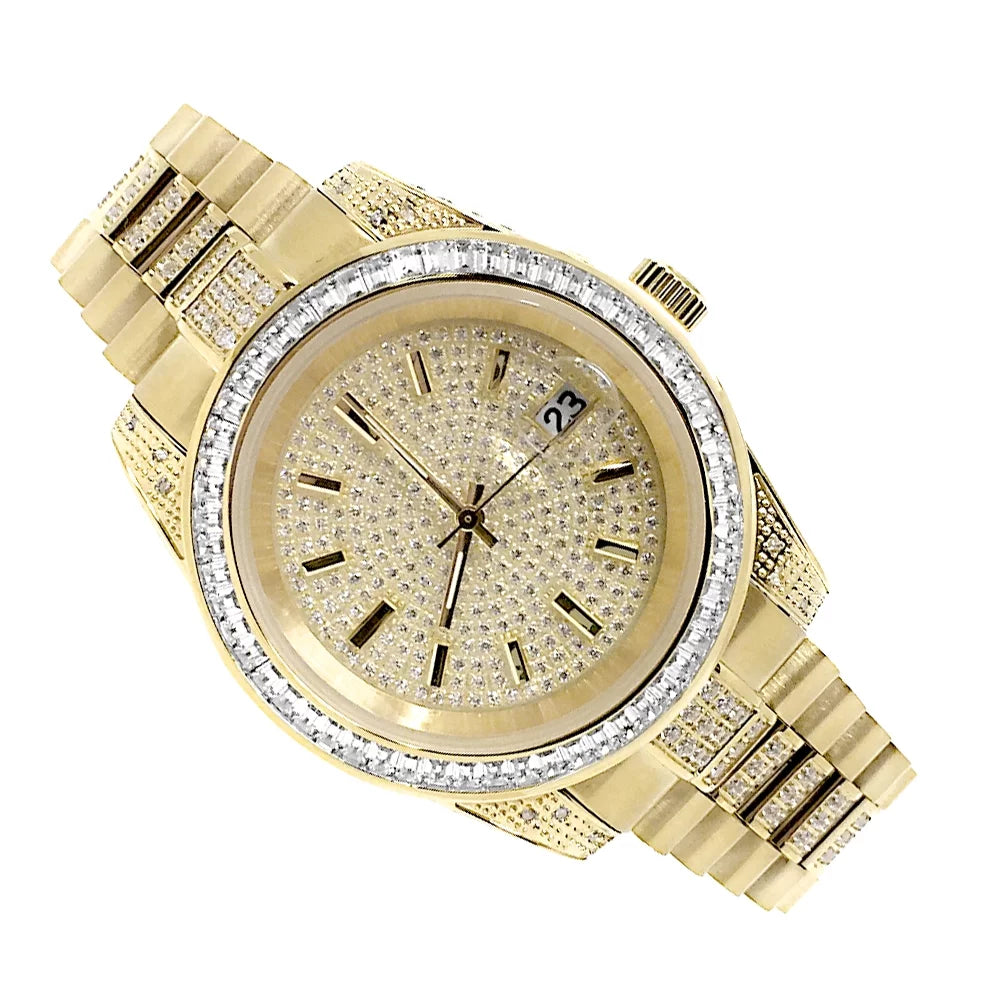 Simulated Diamond 18k Yellow Tarnish Gold Stainless 41MM Watch Free New Presidential Steel Unisex Finish