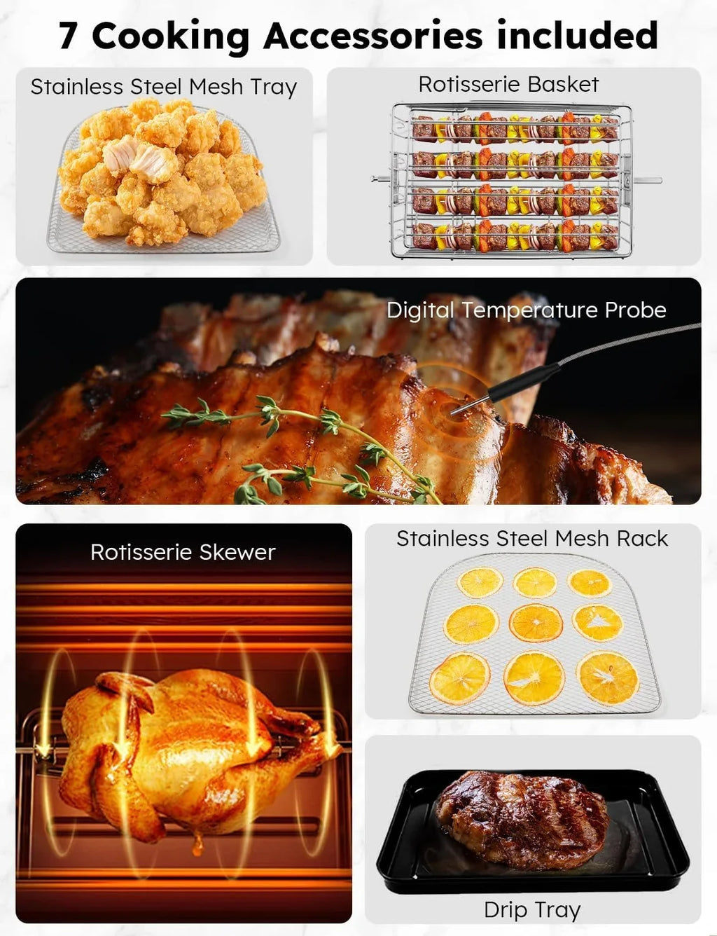 Controls, 15.5Qt 50F-425F HOZO 1800W, Family Rotisserie Thermometer X-Large Temp Integrated Kit, Fryer Smart SS &-Skewer Powerful Oven, dimension, Air Basket Brio