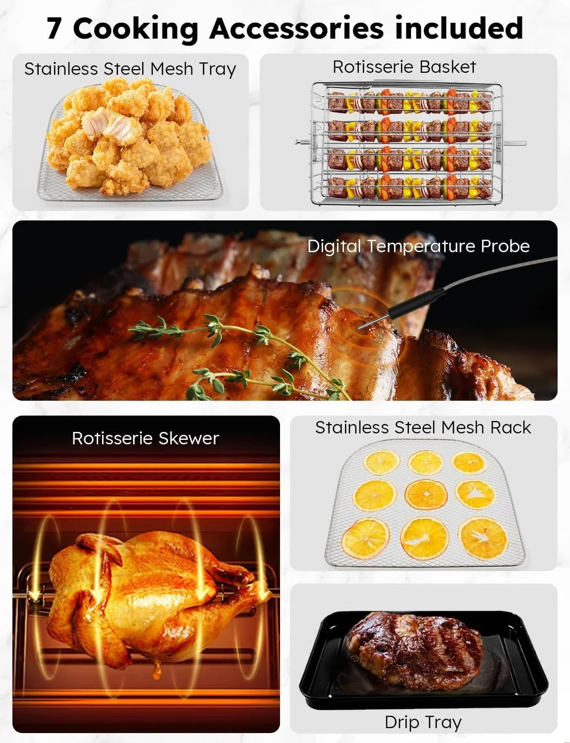 Controls, 15.5Qt 50F-425F HOZO 1800W, Family Rotisserie Thermometer X-Large Temp Integrated Kit, Fryer Smart SS &-Skewer Powerful Oven, dimension, Air Basket Brio