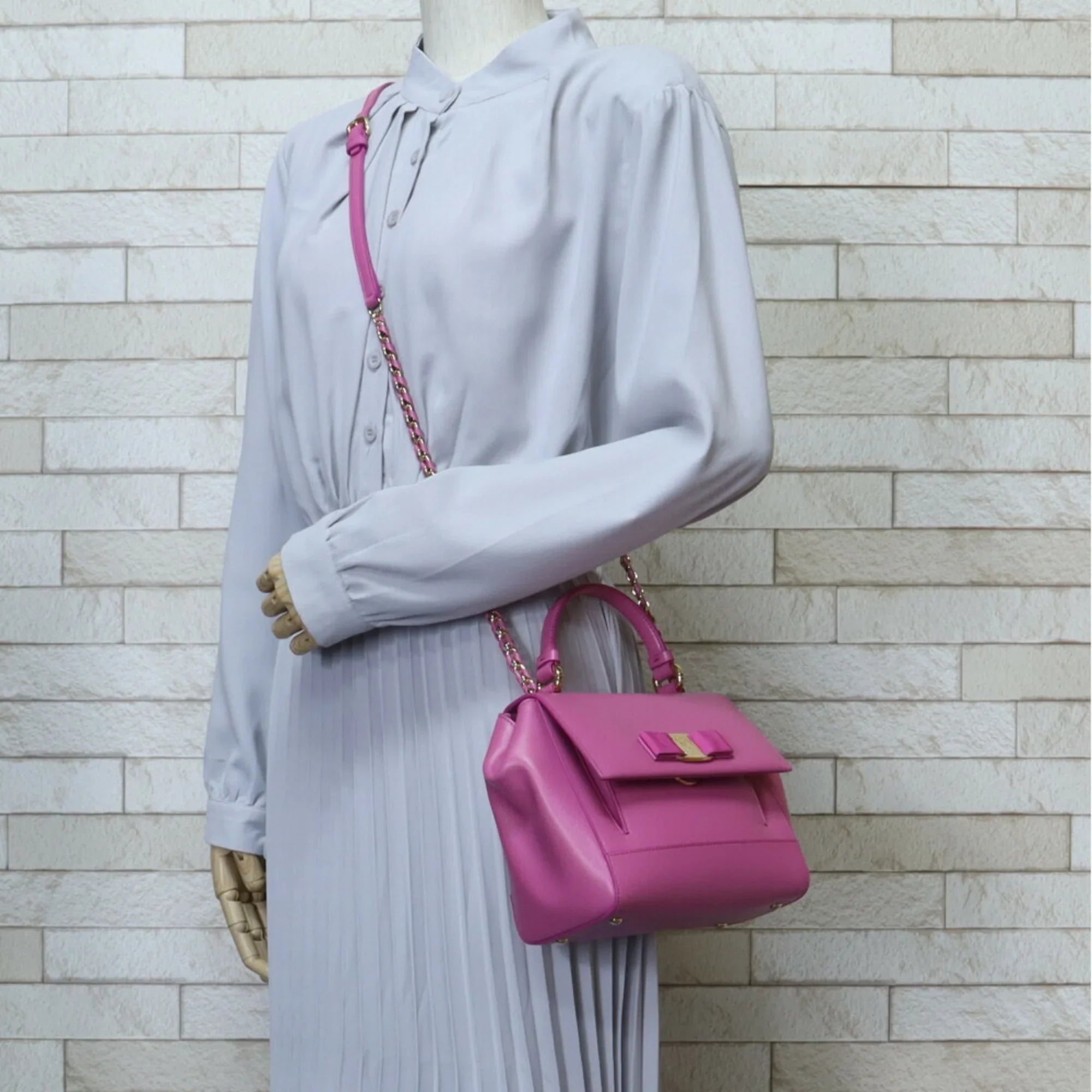 F570 Ladies Shoulder BRB10010000013177 2way Ribbon Pink Leather Bag Vara Salvatore Pre-Owned (Good) Ferragamo EZ-21