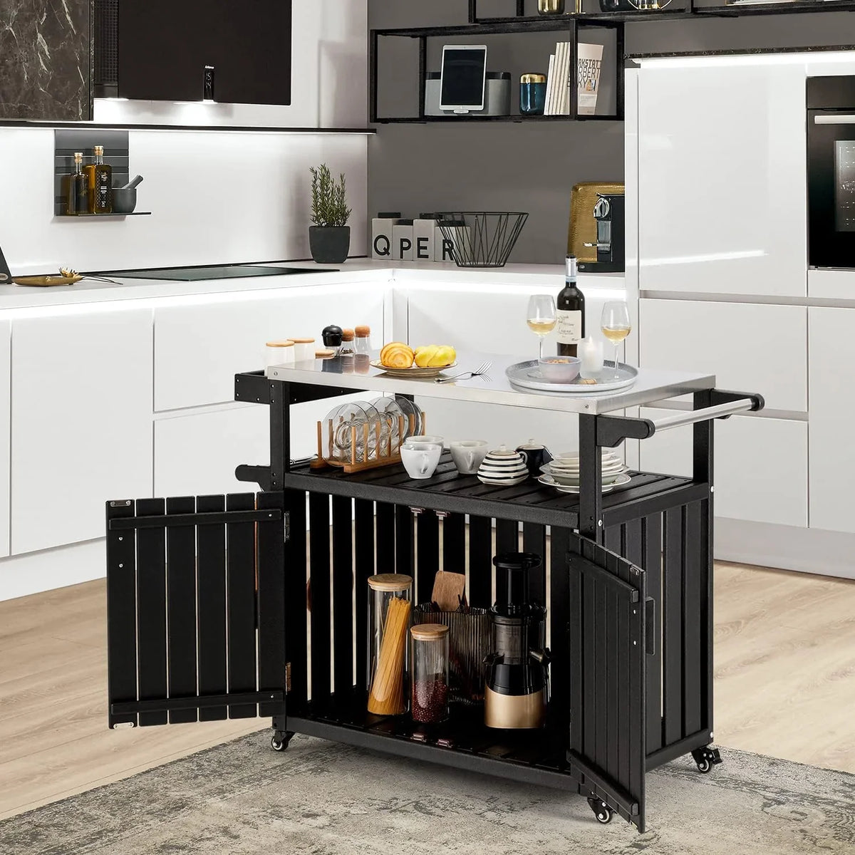 Rack, Top Spice Rolling Kitchen Cabinet, Storage With Island HDPE Black Island Table Towel Stainless Hooks, With Kitchen And Rack, Cart, Steel
