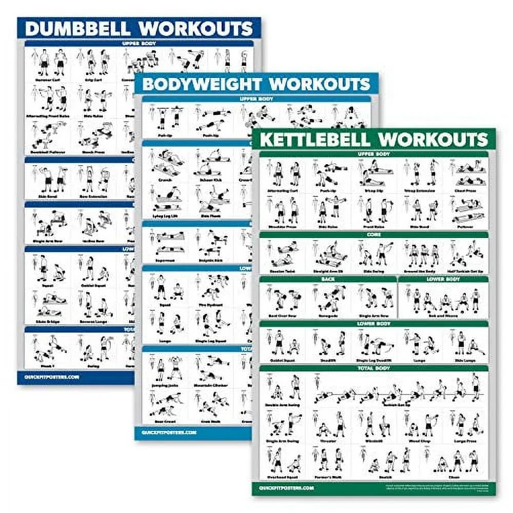 Workouts x Poster 18" Set of 3 QuickFit + Routine - Dumbbell - Pack 27") Exercises (Laminated, Charts Set 3 Bodyweight + Workout Kettlebell