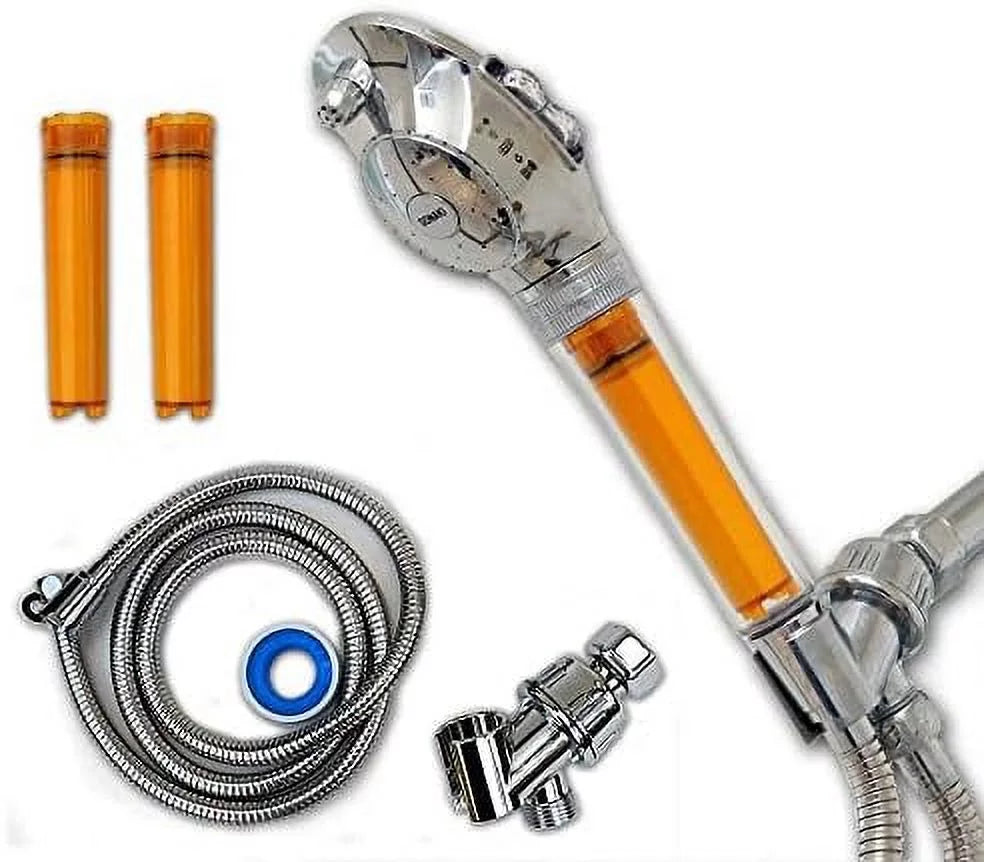 chlorine of shower filter included and liquid removes pressure 99.9% with chloramines - 2 filters - shower high - up head flow by to low