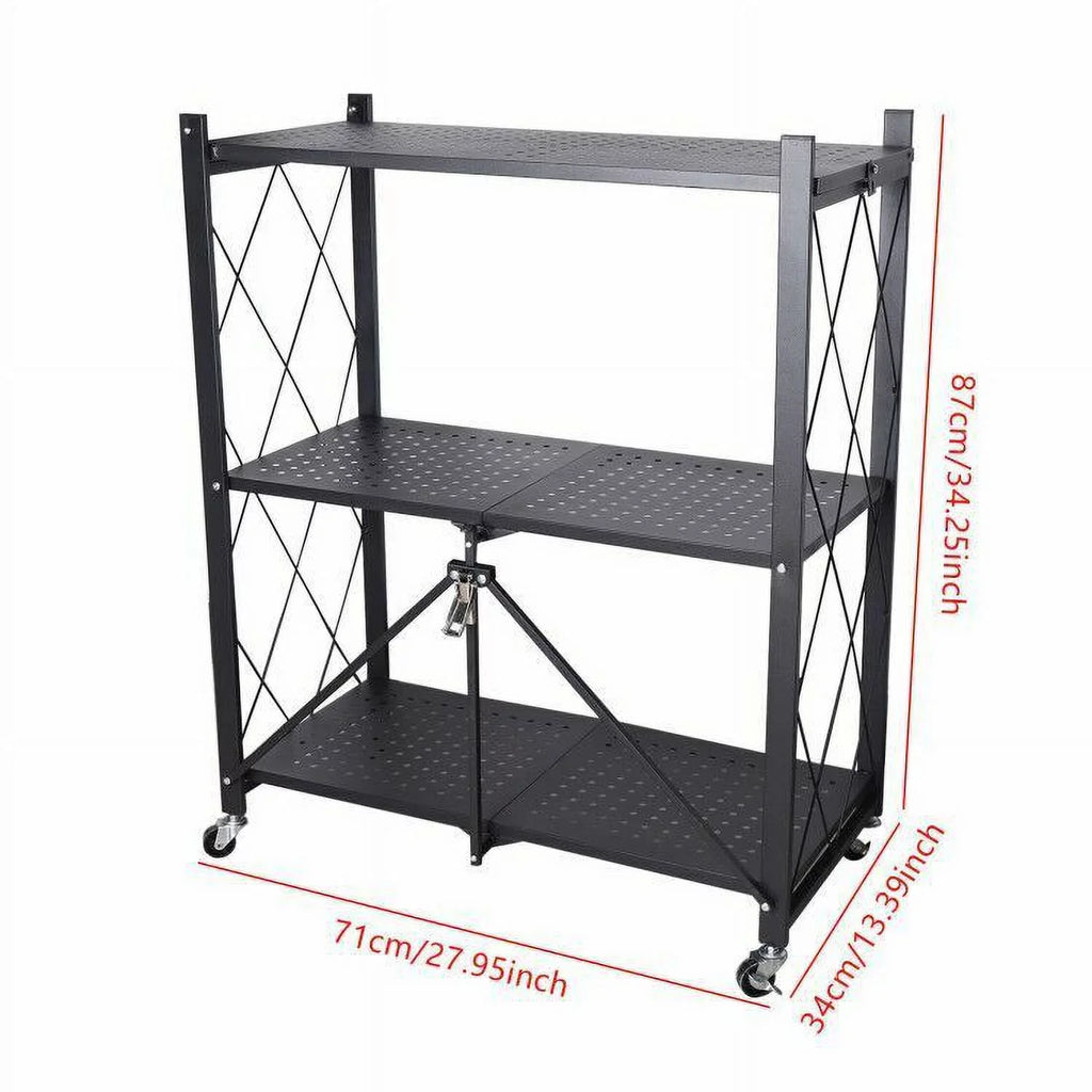 3-Tier Storage with Utility Shelves Metal Rack Kitchen Movable Trolley (Black) Cart Miumaeov Holder Foldable Rolling Wheel