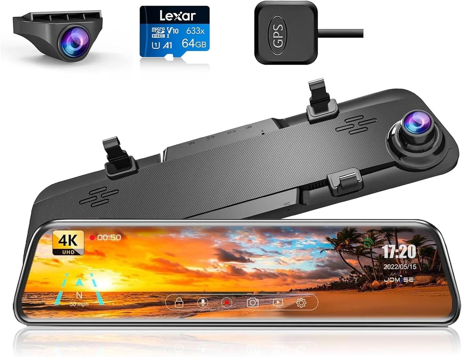 Assistante Front Parking 4K Rear JOMISE Dash View GPS Cam Ultra Mirror Card Camera Night Vision HD and K17 Rear 2160P 12" 64GB
