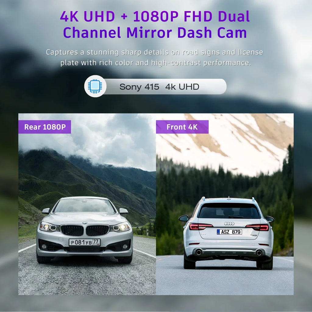 Night Voice Screen Backup Front and Control TOGUARD Touch IPS Sensor, Super Camera with Mirror Rear, 4K+1080P Parking Dash Cam Assistanc 12" Vision,