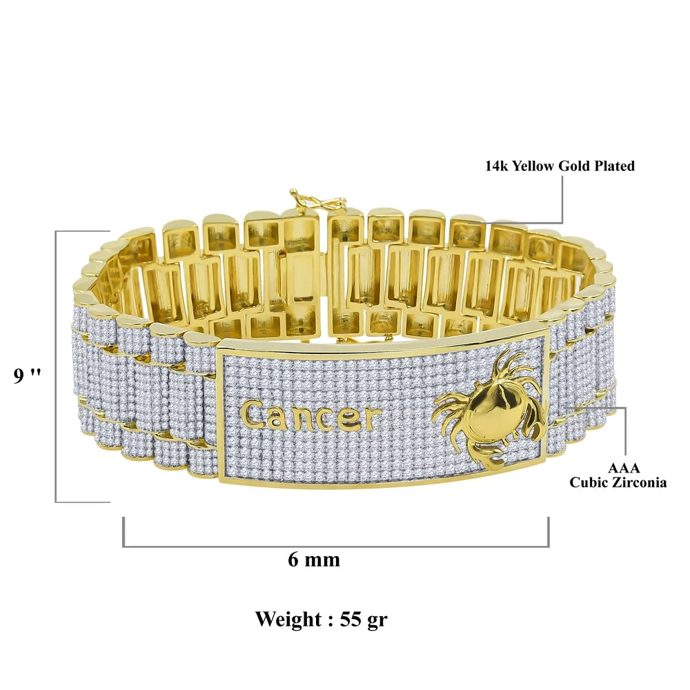Bracelet Zodiac Gold 14K Sign Finish Simulated Astrology Crab Mens Horoscope Cancer 8.5'' Diamond