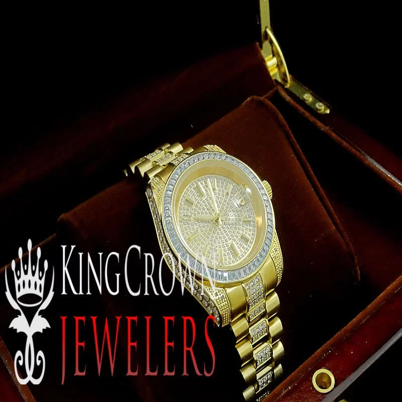 Simulated Diamond 18k Yellow Tarnish Gold Stainless 41MM Watch Free New Presidential Steel Unisex Finish