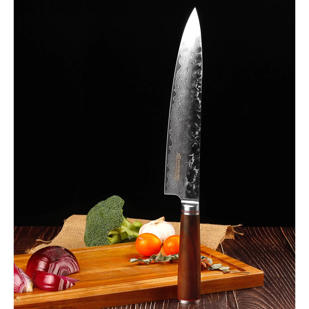 Sheath Chef Hammered Steel Pro Damascus Walnut 12 with Leather YOUSUNLONG - Handle Natural Wooden Gyuto Japanese inch Knife