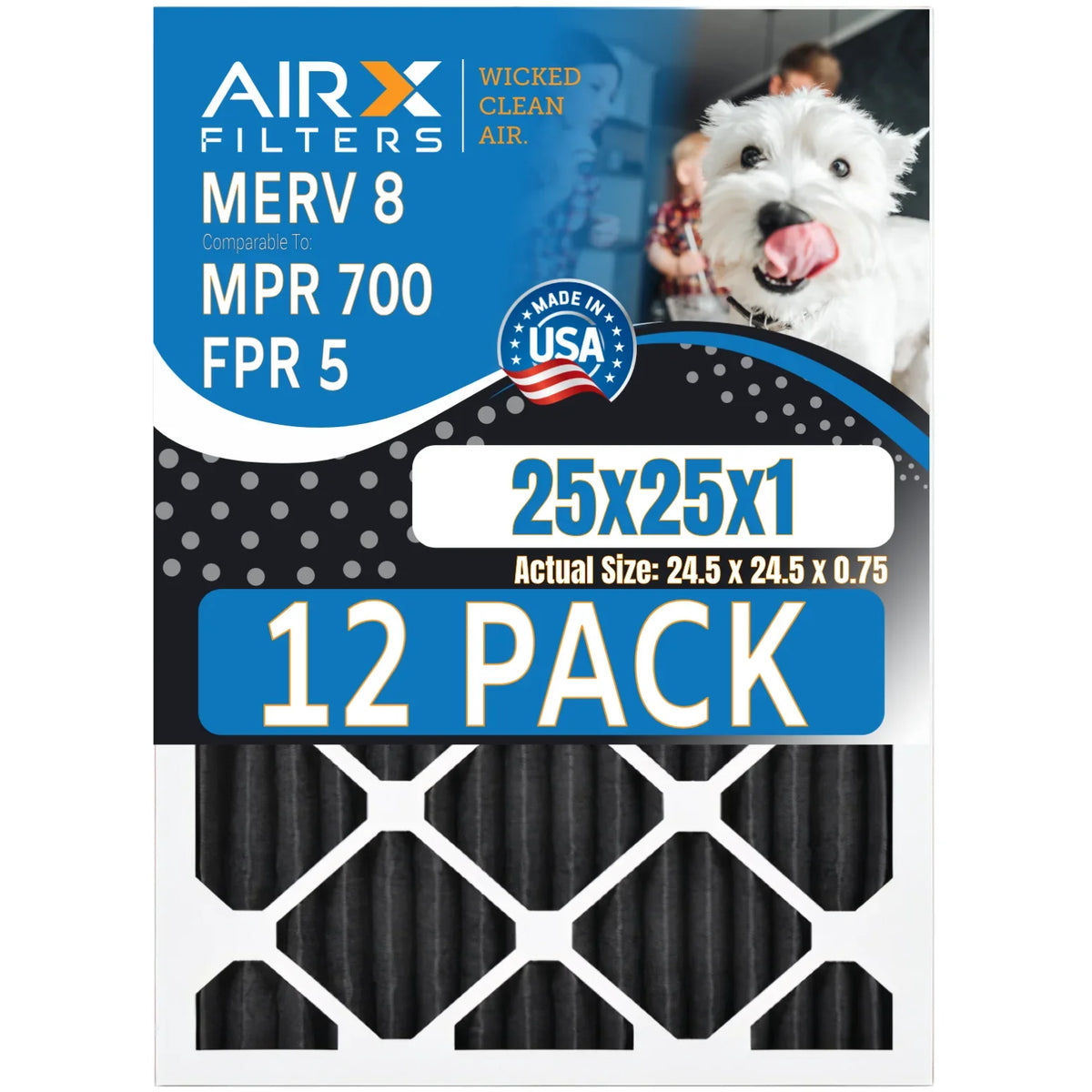 in Made FPR 25x25x1 Rating, Air Pack MPR 12 Pet Furnace Retention Filters of Filter Filters Odor by 700, AIRX - FILTERS USA to 8 AIR. Comparable MERV 5, CLEAN WICKED