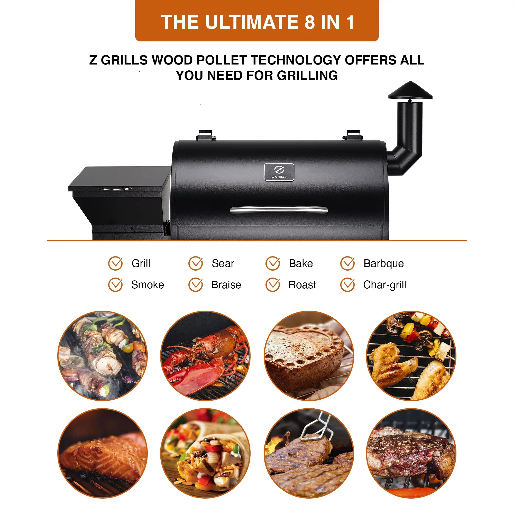 sq. 8-in-1 Z 694 Grill GRILLS & Black Smoker Wood Pellet in. ZPG-7002B BBQ
