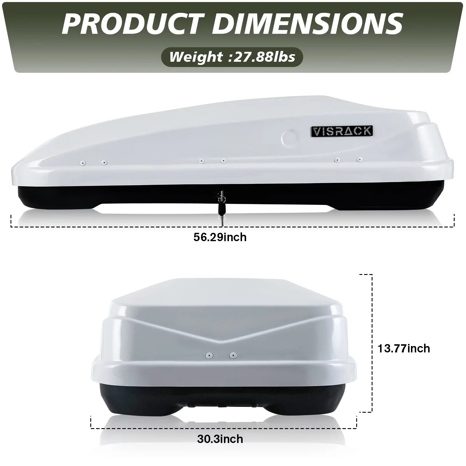 Rooftop 13.8" Double 13 Waterproof x W Rooftop Hard Rooftop ft³ SUV L Box x Large Shell with White 56.3" Cargo Cargo Carrier Box Cargo Locks, H, for 30.3"