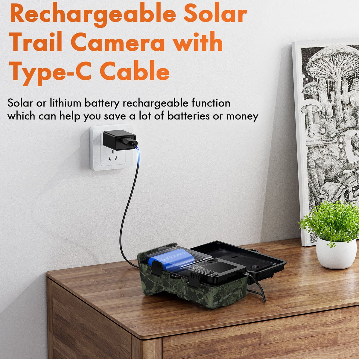 Night Vision Solar Rechargeable CAMPARK IP66 Built-in Camera 120°Wide 1080P Game Angle 2.0" Trigger 2500mAh Waterproof LCD Trail Card Cam with Camera Hunting 0.1s Speed with Lithium 24MP SD Battery