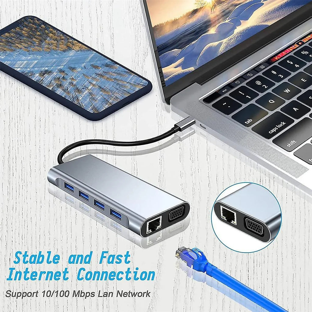 with Docking HDMI, with LAN,SD,MicroSD,Compatible A*4, VGA,Type-C Power,USB PD100W HP USB Station Laptop Pro,Air Ports Gigabit Multi-Port 11-in-1 MacBook C 3.5mm Kidsol 4K