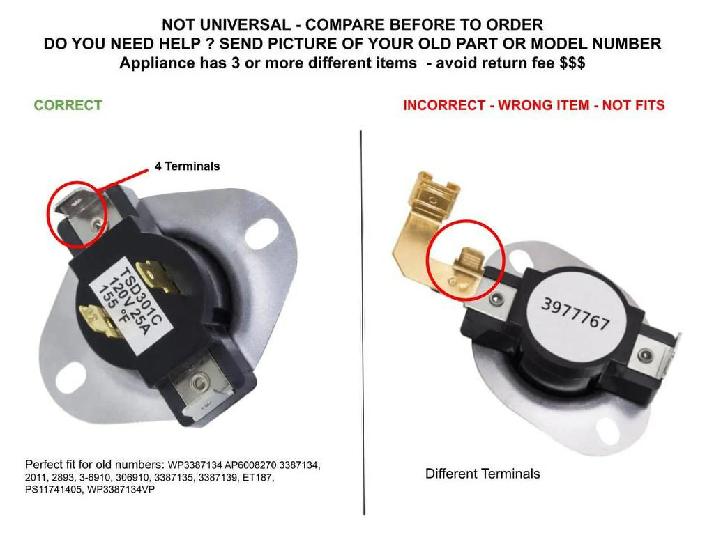 Approx. Replacement Maytag EAP11741405 Kenmore compatible Whirlpool and for with Heavy Length CKD2502 PRO 2" Cycling AP6008270 DUTY PS11741405 Dryer Thermostat SOLUTIONS GLOB PD00002313