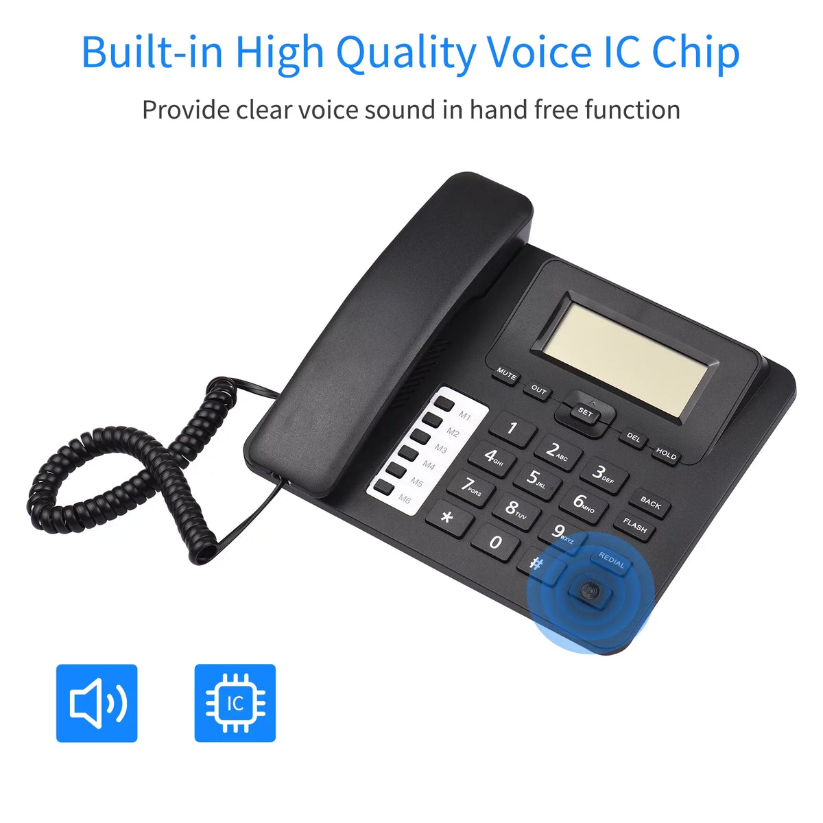 Dual Built-in Sound Chip Hands-Free/Redial/Flash/Speed Corded Date IC Control Support Elderly System Phone Phone Home Real-time Landline Black Dial/Ring DTMF/FSK for Desk Seniors Telephone
