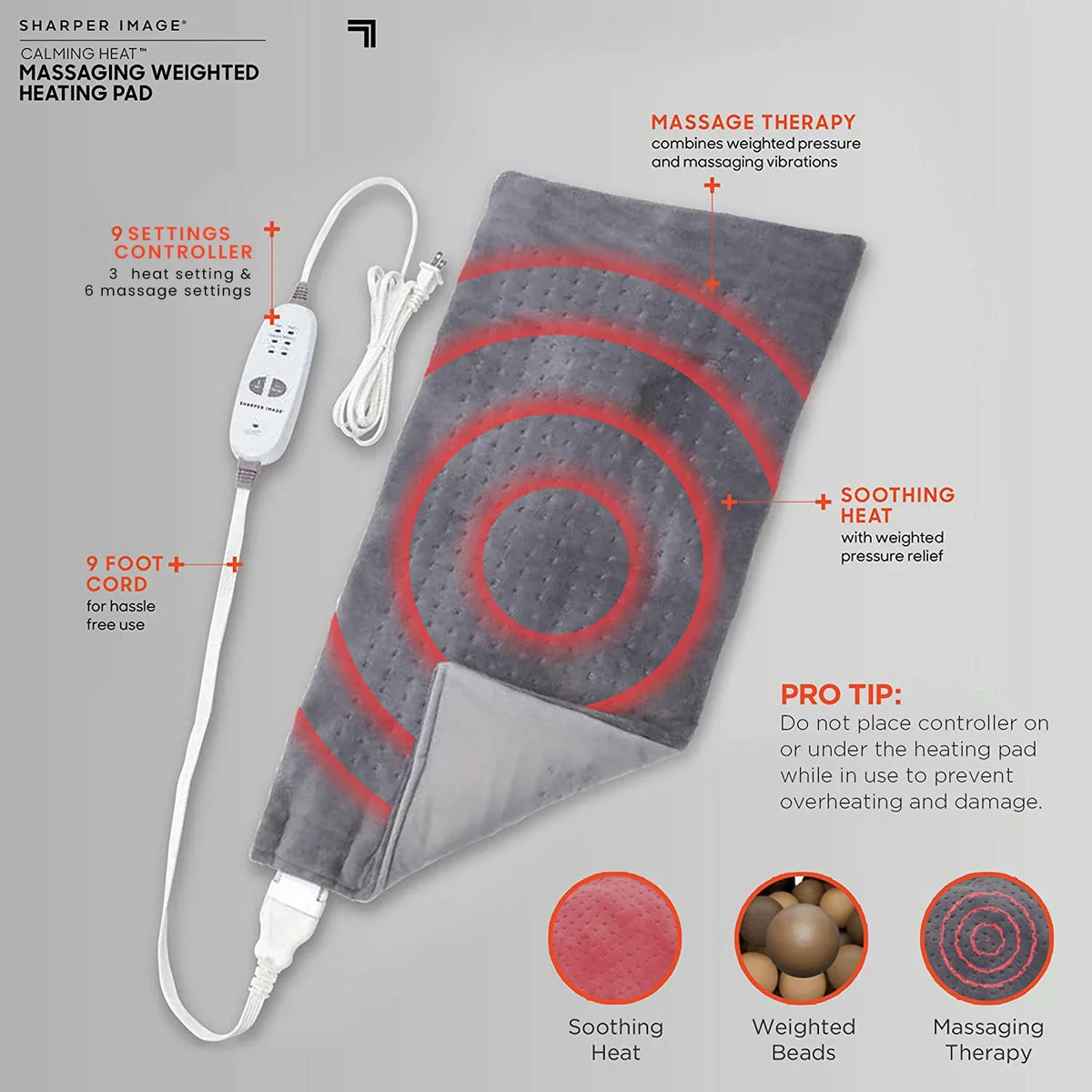 24” Electric Heating Pad Combinations, Settings- x Pad 12” 18 Heat Heating by Heat, Image- Relaxing with Massage- 9 3 Weighted 6 Massaging Massaging Vibrations, Weighted Calming Sharper