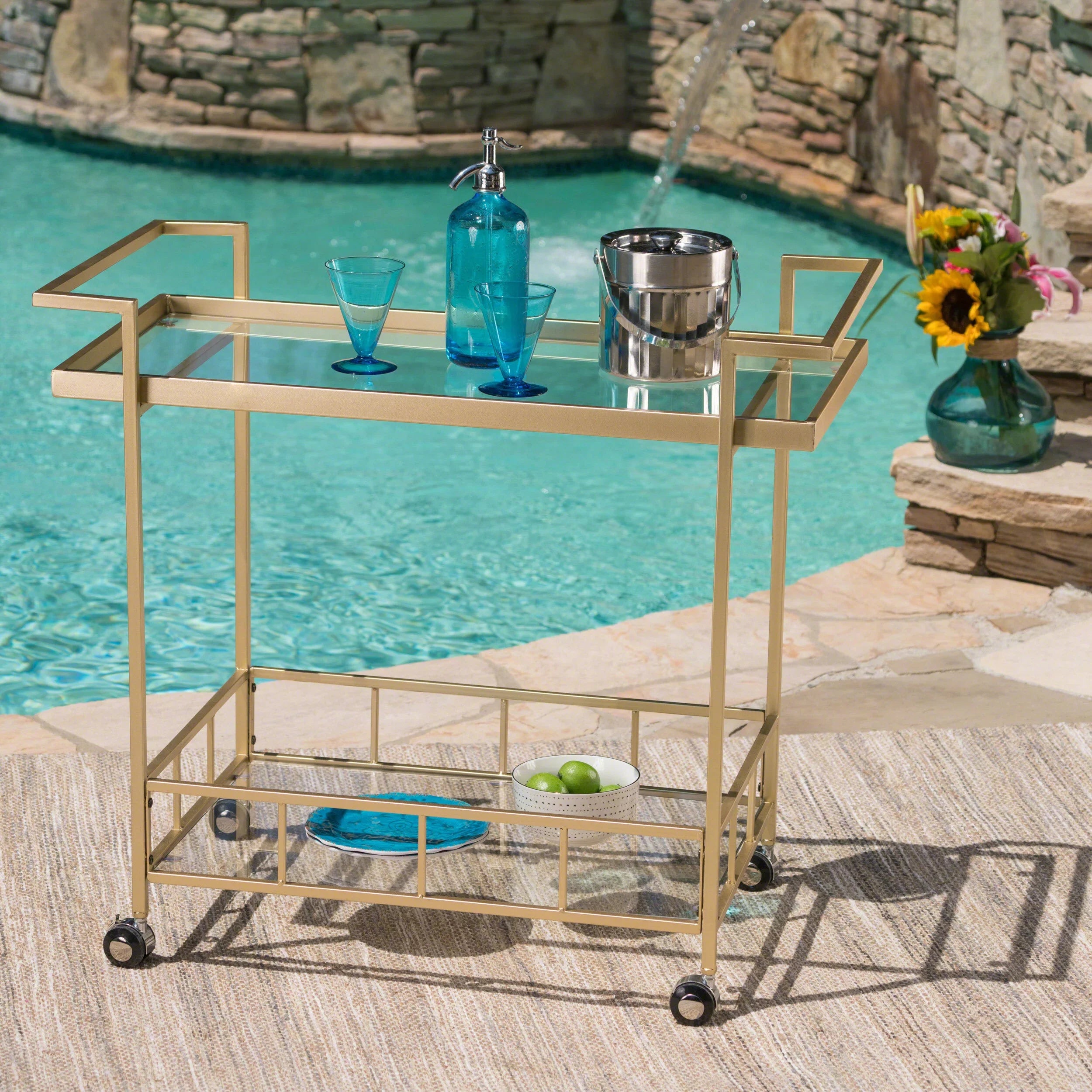 Glass Iron Gold Industrial Bar Aletta and Cart,