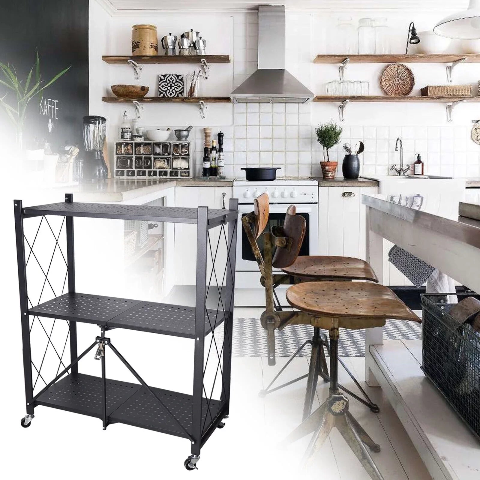 3-Tier Storage with Utility Shelves Metal Rack Kitchen Movable Trolley (Black) Cart Miumaeov Holder Foldable Rolling Wheel