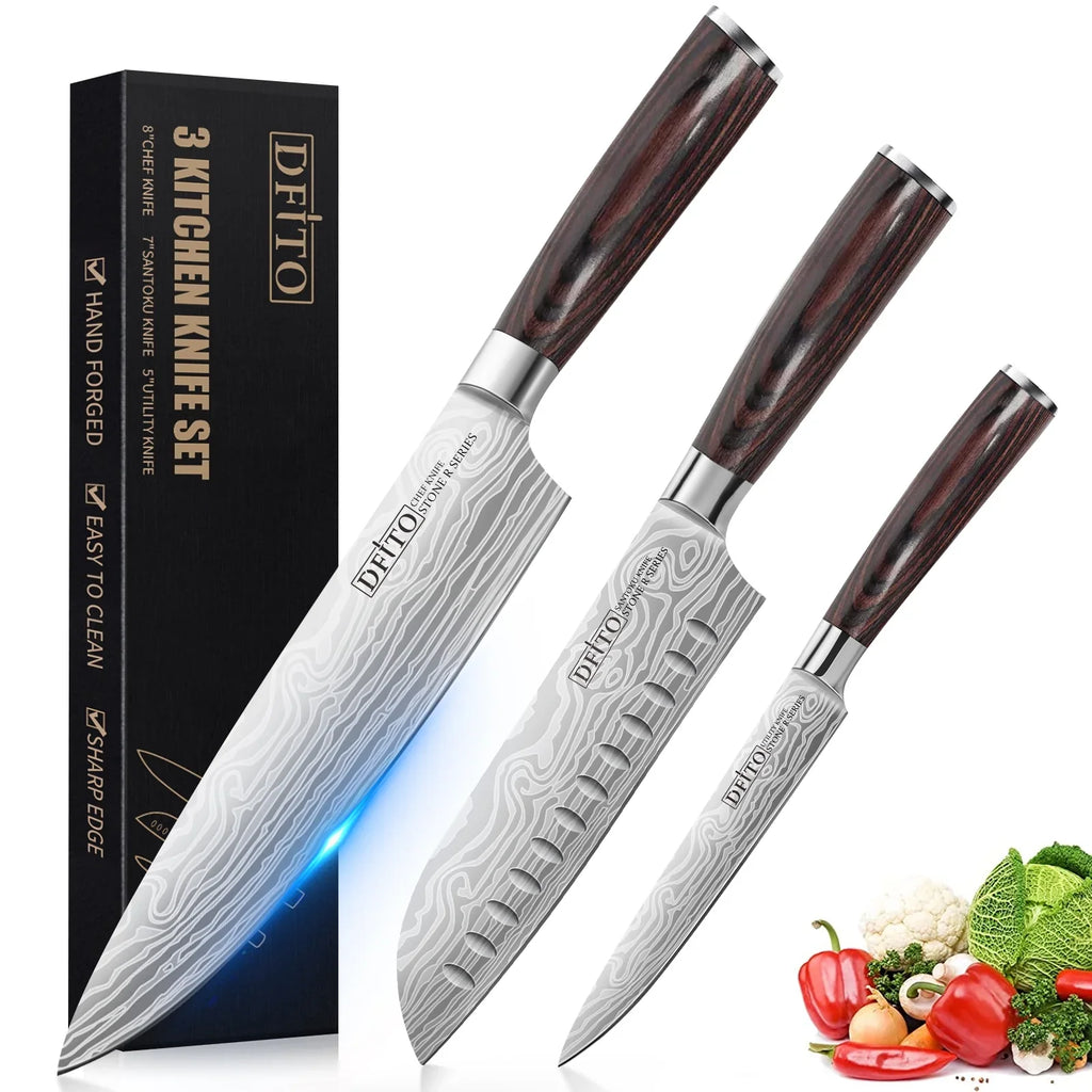 Chef Steel and Ergonomic or Restaurant Ultra for Sharp 3PCS Stainless Box Carbon Handle Knife Chefs Knives,High Home Set, Blade, Gift DFITO Kitchen Professional Knife,