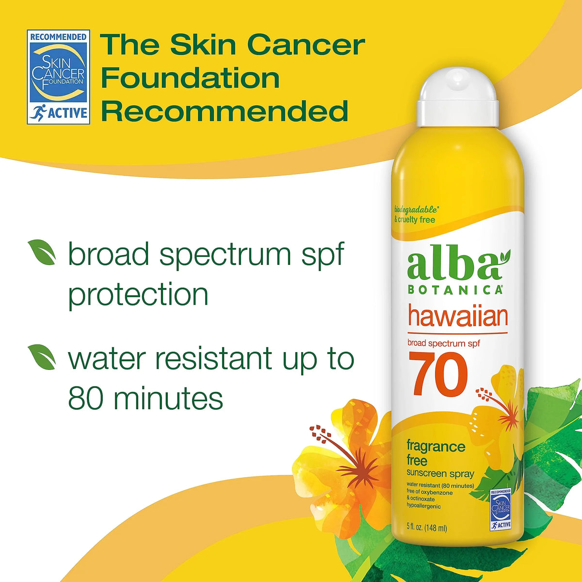 Body, Sunscreen And Sunscreen Spectrum Hawaiian Fl. Alba Broad For 5 Spf And Biodegradable, 70 Face Oz. Resistant Bottle Spray, Sunscreen, Botanica Fragrance-Free liquid
